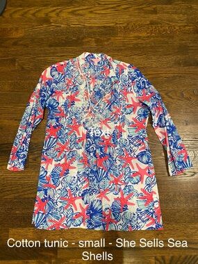 Lilly Pulitzer Sarasota beaded cotton tunic - She Sells Seashells blue/pink SM